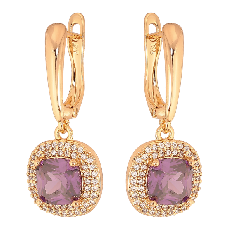 Серьги Xuping цвет Позолота 18К английский замок "Подвески с сиреневыми кристаллами" фото №1