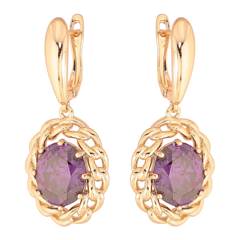 Сережки Xuping колір Позолота 18К англійський замок "Підвіски з бузковими кристалами" фото №1