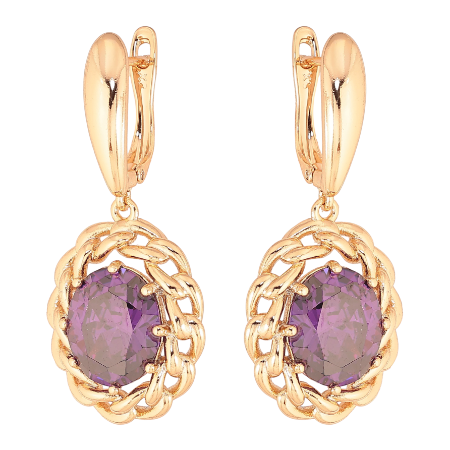 Сережки Xuping колір Позолота 18К англійський замок "Підвіски з бузковими кристалами" фото №1