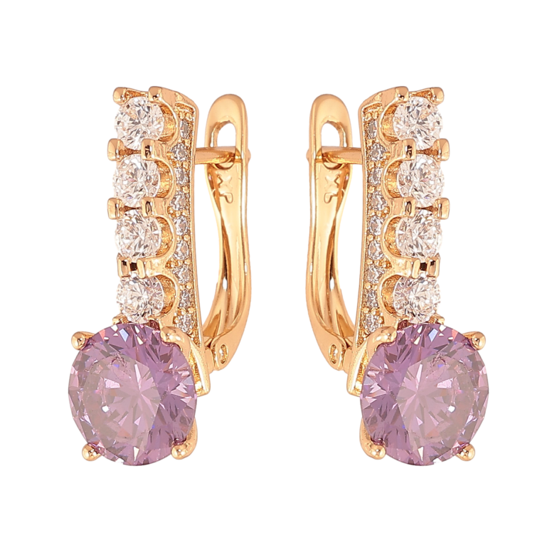 Сережки Xuping колір Позолота 18K англійський замок "Кристальні доріжки з бузковими кристалами" фото №1