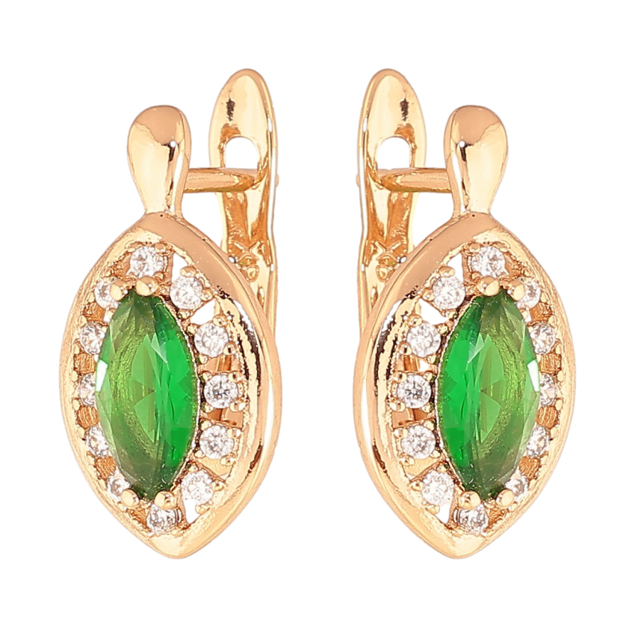 Серьги Xuping цвет Позолота 18K английский замок "Зеленые кристаллы в обрамлении" фото №1