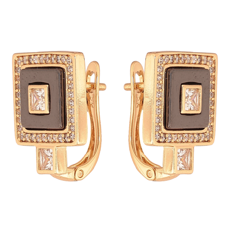 Сережки Xuping колір Позолота 18К англійський замок "Квадрати з чорною керамікою та кристалами" фото №21