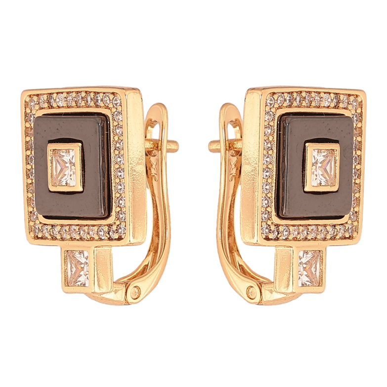 Сережки Xuping колір Позолота 18К англійський замок "Квадрати з чорною керамікою та кристалами" фото №1