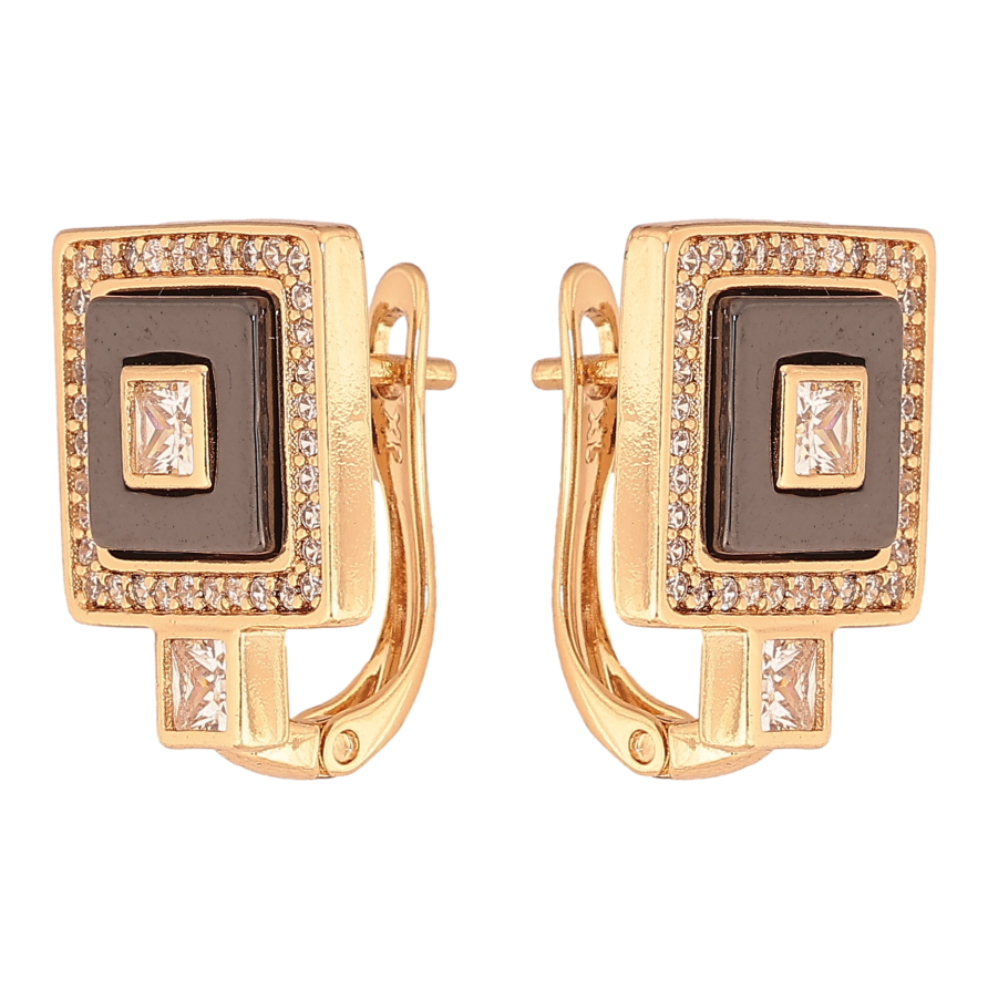 Сережки Xuping колір Позолота 18К англійський замок "Квадрати з чорною керамікою та кристалами" фото №1