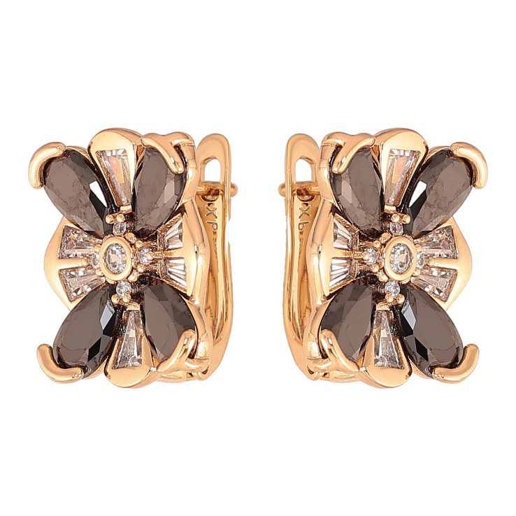 Сережки Xuping колір Позолота 18K англійський замок "Квіточки з чорними кристалами" фото №4