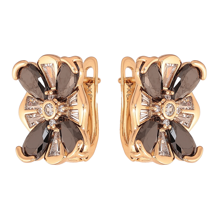 Серьги Xuping цвет Позолота 18K английский замок "Цветочки с черными кристаллами" фото №1