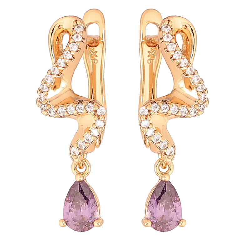 Серьги Xuping цвет Позолота 18K английский замок "Подвески с сиреневыми кристаллами" фото №1
