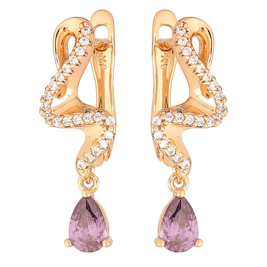 Серьги Xuping цвет Позолота 18K английский замок "Подвески с сиреневыми кристаллами" фото №1