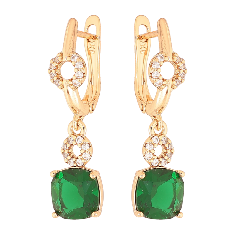 Сережки Xuping колір Позолота 18K англійський замок "Підвіски з зеленими кристалами" фото №1