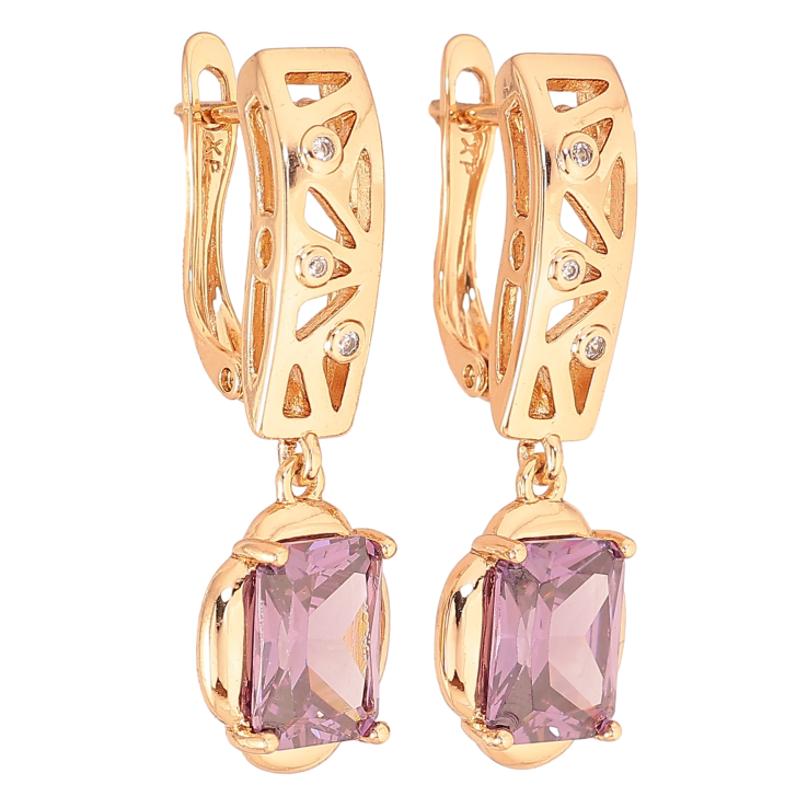 Сережки Xuping колір Позолота 18K англійський замок "Підвіски з бузковими кристалами" фото №15