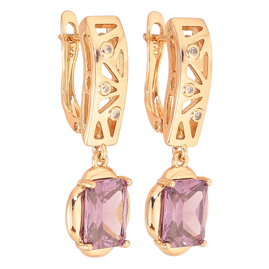 Сережки Xuping колір Позолота 18K англійський замок "Підвіски з бузковими кристалами" фото №1