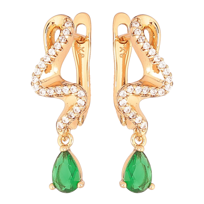 Серьги Xuping цвет Позолота 18K английский замок "Подвески с зелеными кристаллами" фото №1