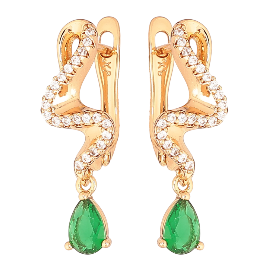 Серьги Xuping цвет Позолота 18K английский замок "Подвески с зелеными кристаллами" фото №1