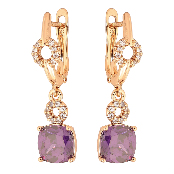 Серьги Xuping цвет Позолота 18K английский замок "Подвески с сиреневыми кристаллами" фото №6