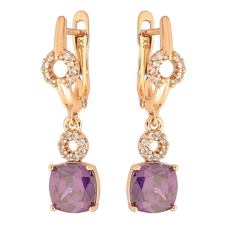 Серьги Xuping цвет Позолота 18K английский замок "Подвески с сиреневыми кристаллами" фото №1