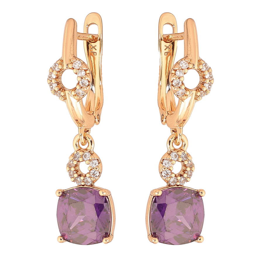 Серьги Xuping цвет Позолота 18K английский замок "Подвески с сиреневыми кристаллами" фото №1