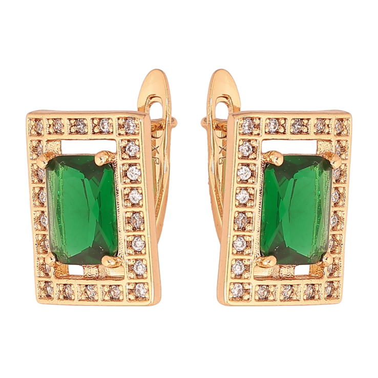 Серьги Xuping цвет Позолота 18К английский замок "Прямоугольники с зелеными кристаллами" фото №21