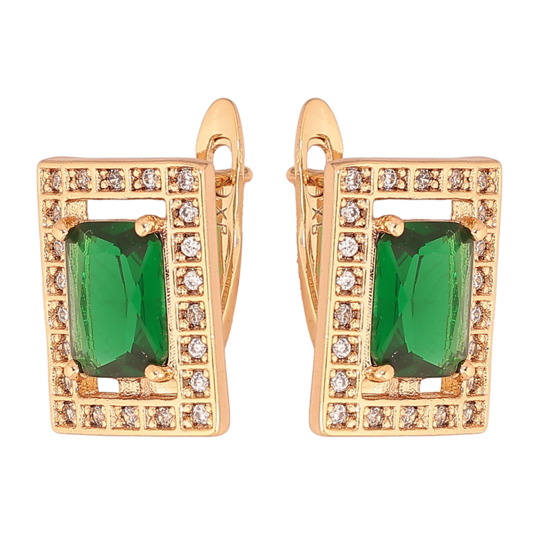 Сережки Xuping колір Позолота 18К англійський замок "Прямокутники з зеленими кристалами" фото №1