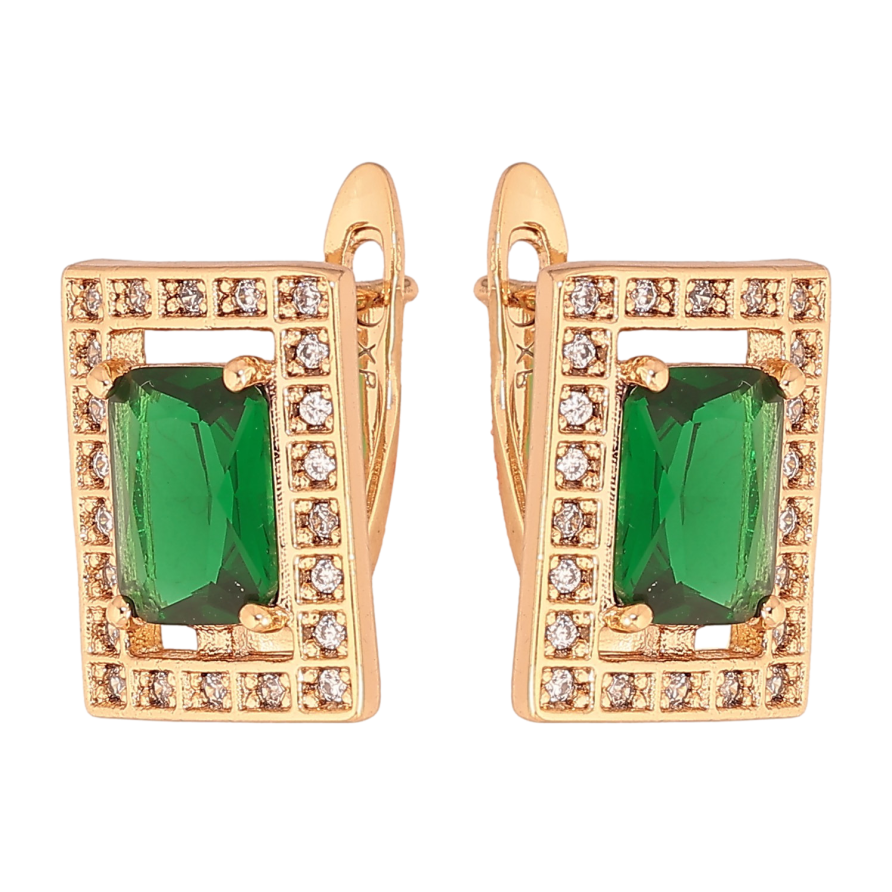 Сережки Xuping колір Позолота 18К англійський замок "Прямокутники з зеленими кристалами" фото №1