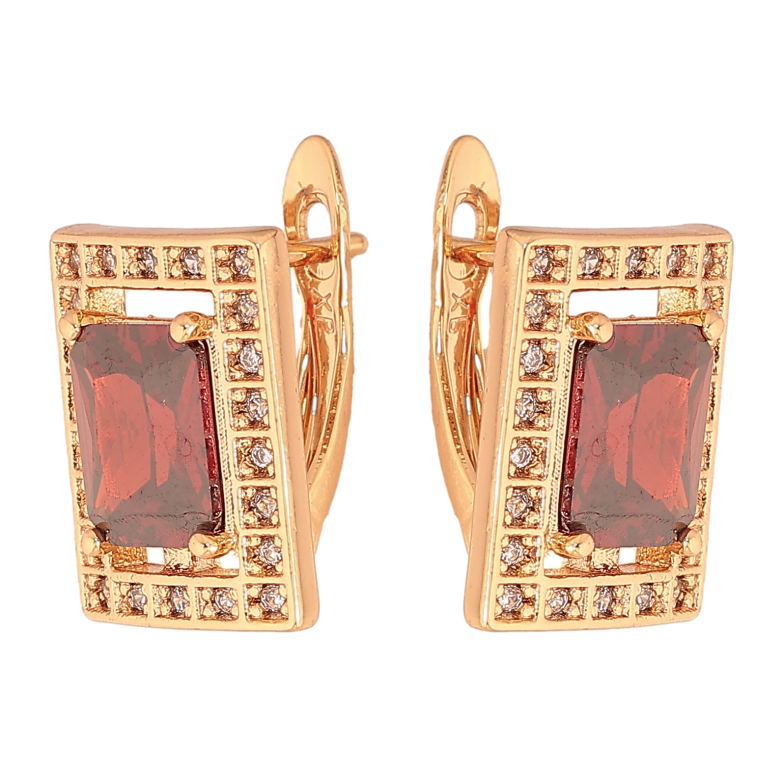 Серьги Xuping цвет Позолота 18К английский замок "Прямоугольники с красными кристаллами" фото №1