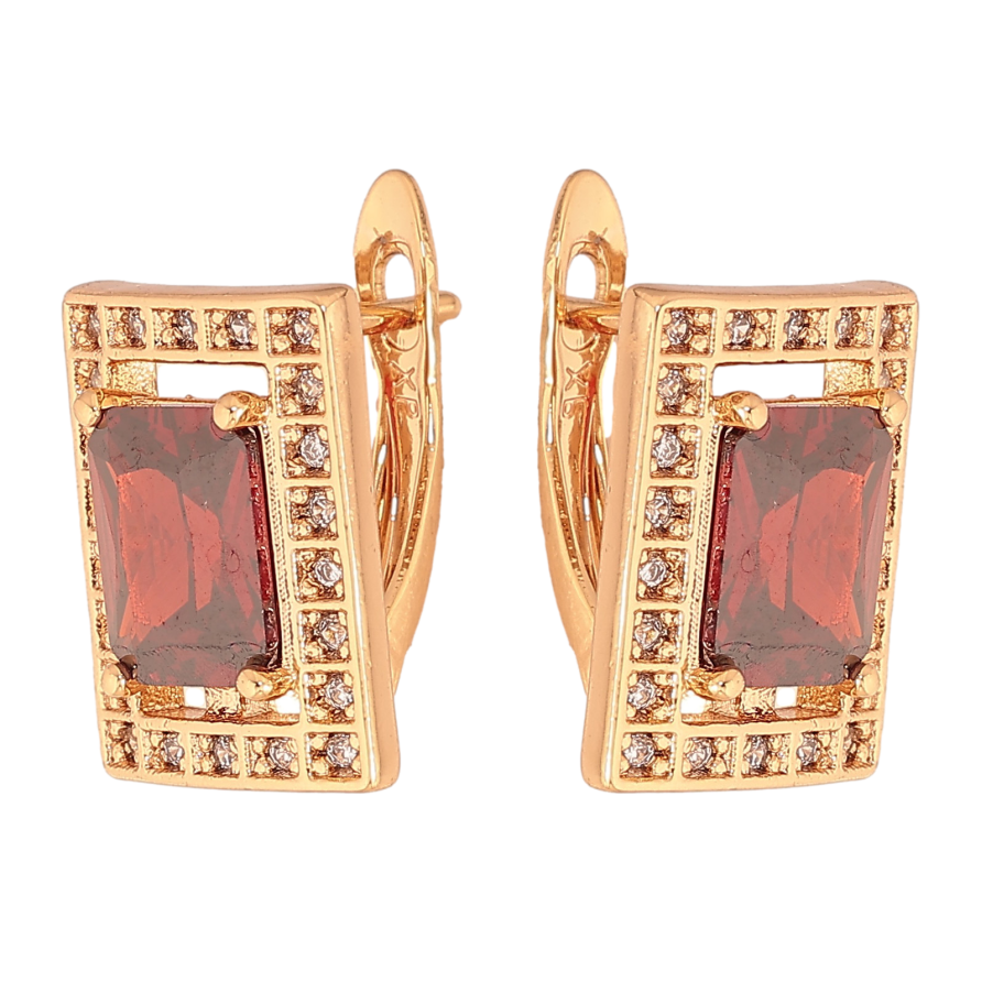 Сережки Xuping колір Позолота 18К англійський замок "Прямокутники з червоними кристалами" фото №1