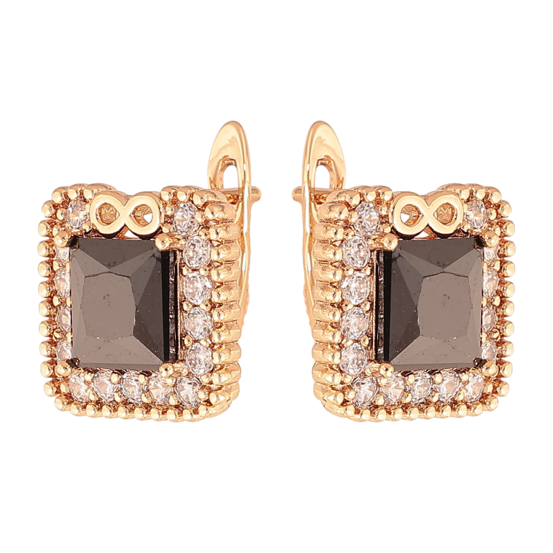 Серьги Xuping цвет Позолота 18K английский замок "Черные кристаллы в обрамлении" фото №2