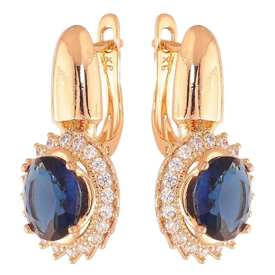 Серьги Xuping цвет Позолота 18K английский замок "Синие кристаллы в обрамлении" фото №1
