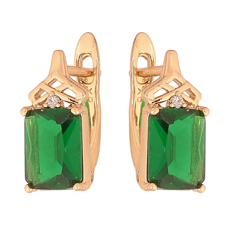 Серьги Xuping цвет Позолота 18K английский замок "Узор с зелеными кристаллами" фото №1