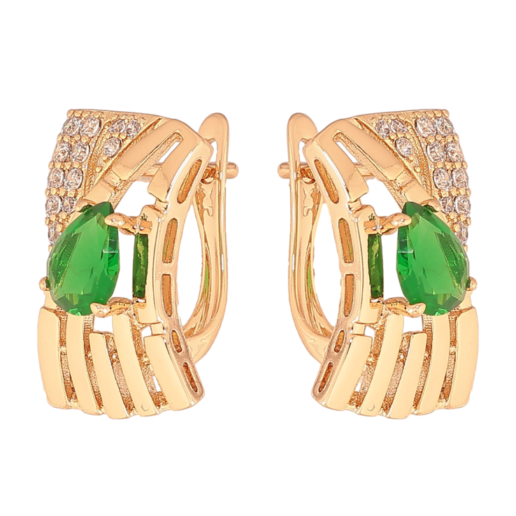 Серьги Xuping цвет Позолота 18К английский замок "Узор с зелеными кристаллами" фото №10