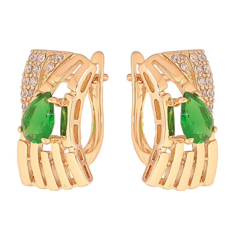 Серьги Xuping цвет Позолота 18К английский замок "Узор с зелеными кристаллами" фото №1