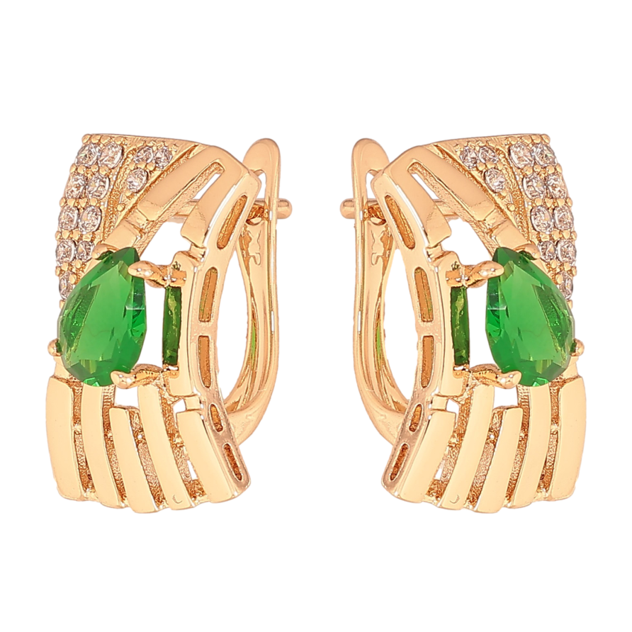 Серьги Xuping цвет Позолота 18К английский замок "Узор с зелеными кристаллами" фото №1