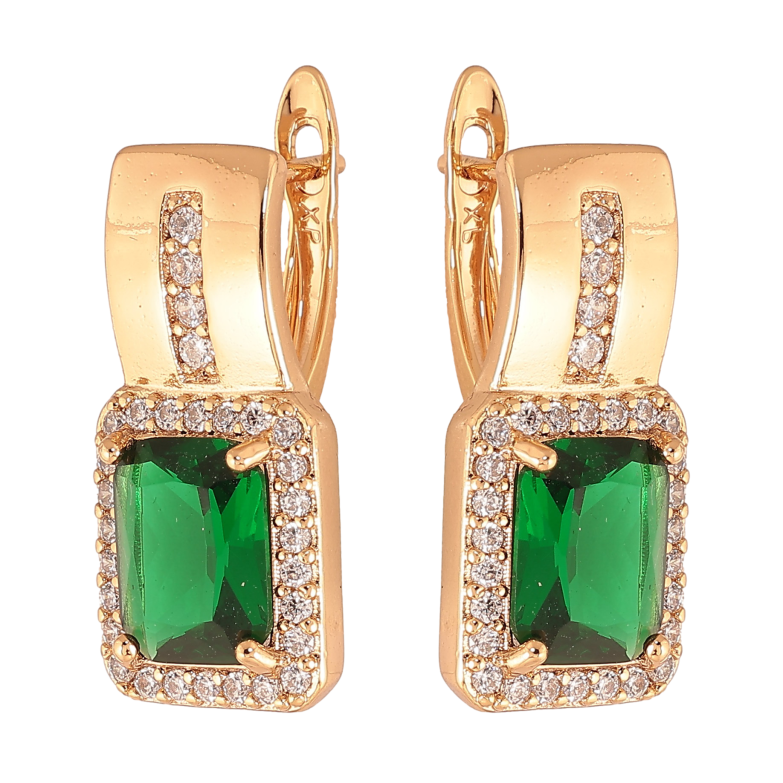Серьги Xuping цвет Позолота 18K английский замок "Узор с зелеными кристаллами" фото №1