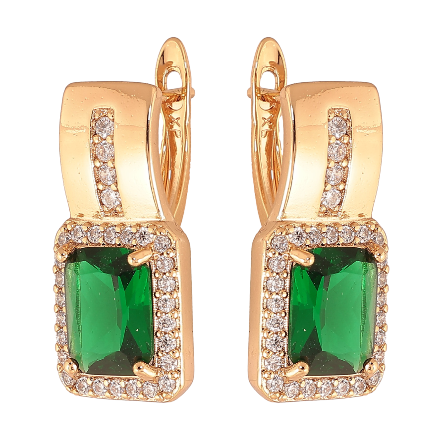 Сережки Xuping колір Позолота 18K англійський замок "Візерунок з зеленими кристалами" фото №1