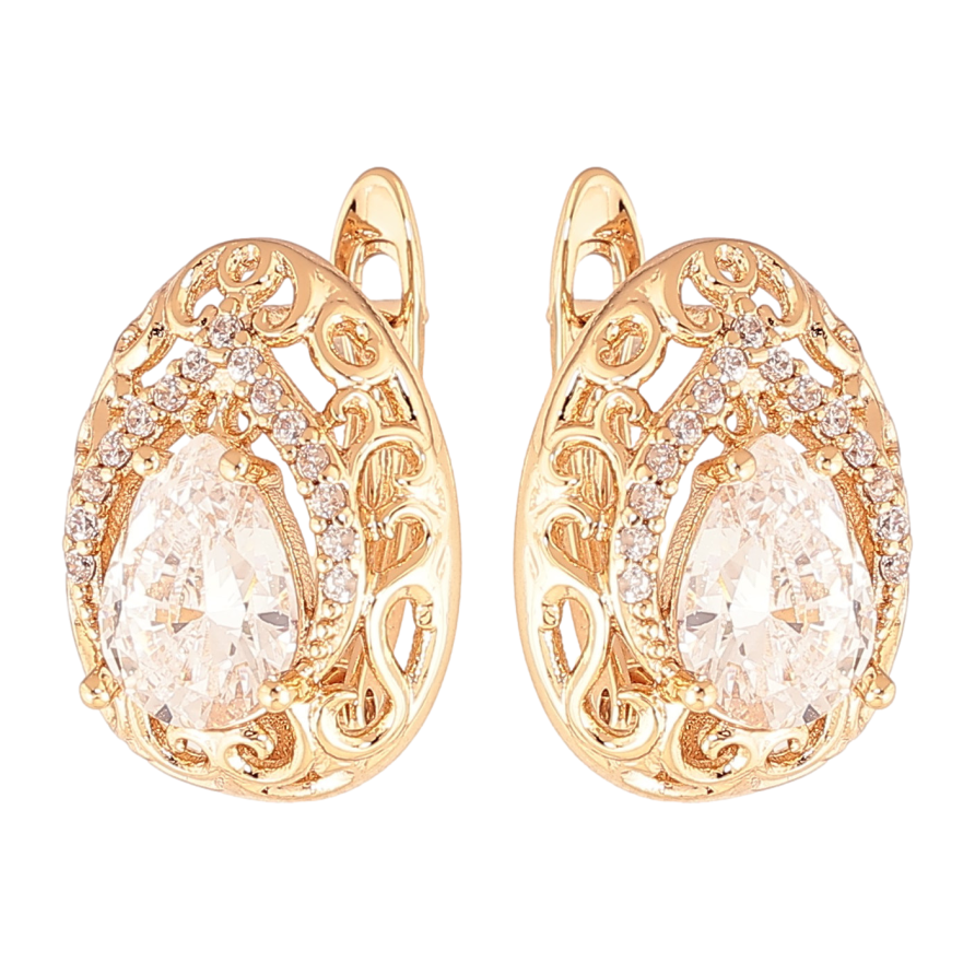 Сережки Xuping колір Позолота 18K англійський замок "Ажурні крапельки з кристалами" фото №1