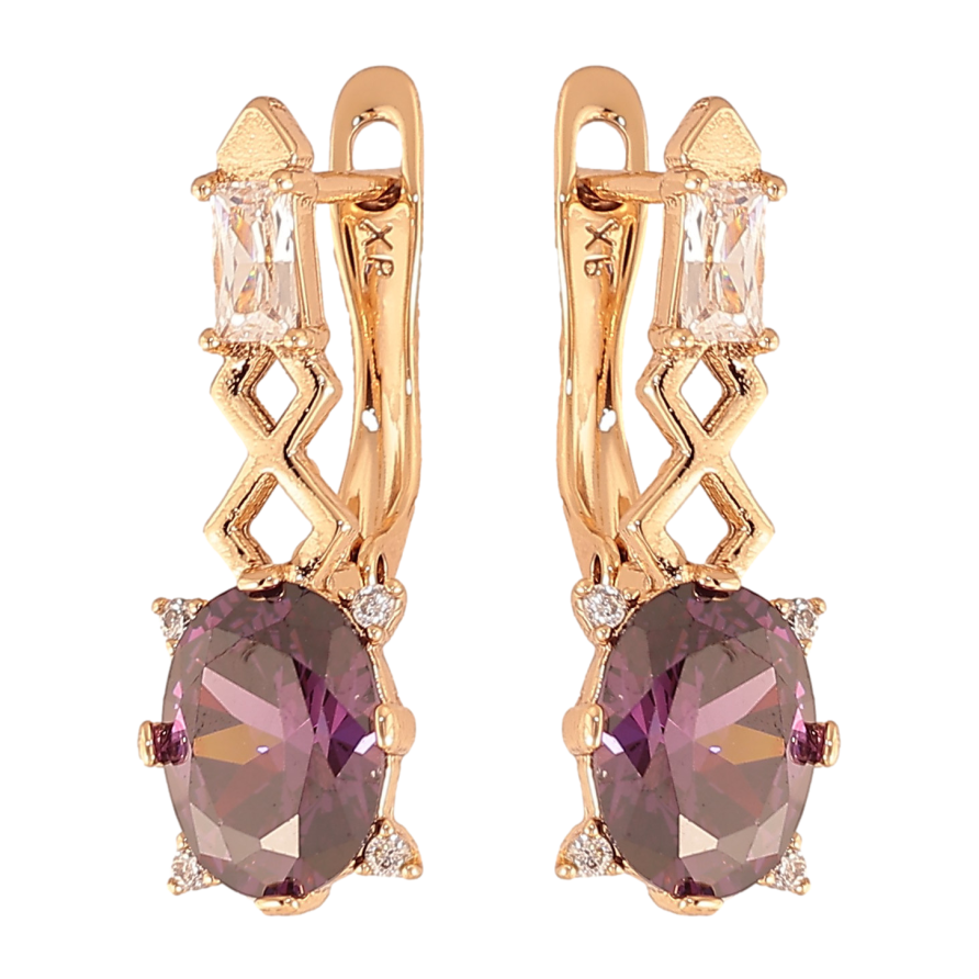 Серьги Xuping цвет Позолота 18K английский замок "Узор с сиреневыми кристаллами" фото №1