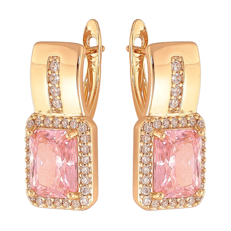 Сережки Xuping колір Позолота 18K англійський замок "Візерунок з рожевими кристалами" фото №1