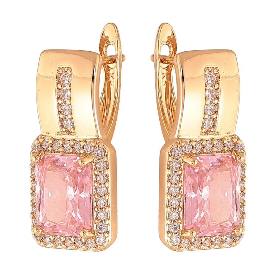 Сережки Xuping колір Позолота 18K англійський замок "Візерунок з рожевими кристалами" фото №1