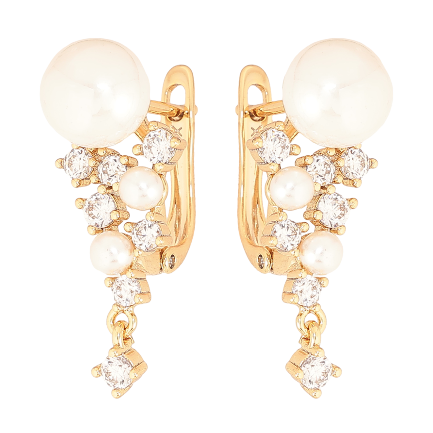 Сережки Xuping колір Позолота 18K англійський замок "Візерунок з кристалами і перлинами" фото №1