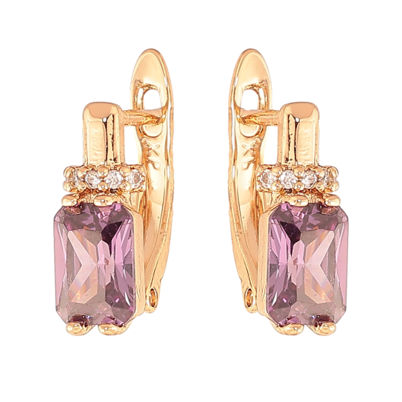 Сережки Xuping колір Позолота 18K англійський замок "Візерунок з бузковими кристалами" фото №1