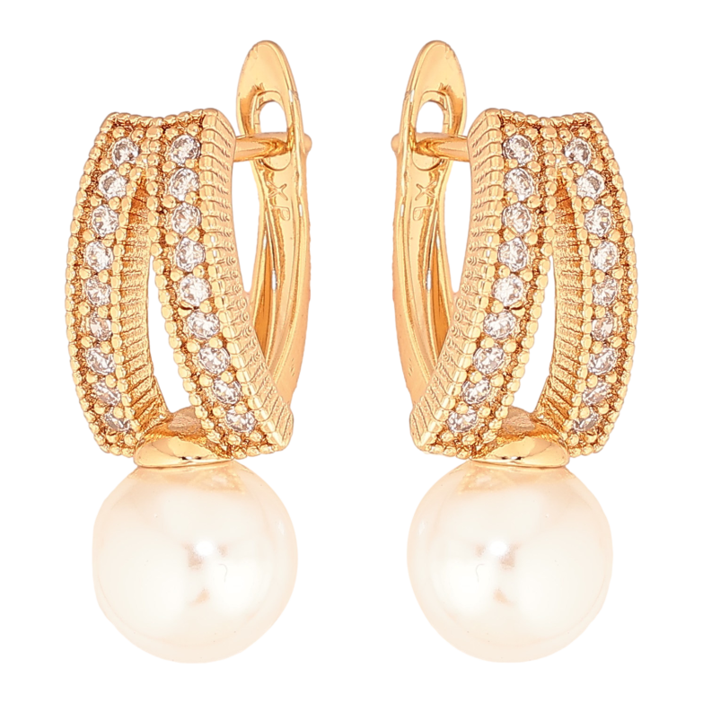 Серьги Xuping цвет Позолота 18К английский замок "Узор с кристаллами и жемчужинами" фото №1