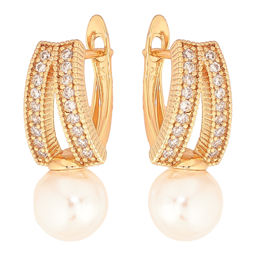 Серьги Xuping цвет Позолота 18К английский замок "Узор с кристаллами и жемчужинами" фото №1