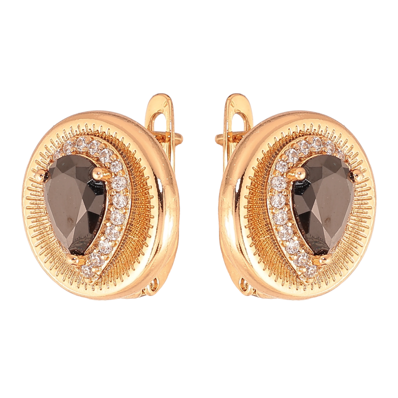 Серьги Xuping цвет Позолота 18K английский замок "Узор с черными кристаллами" фото №1