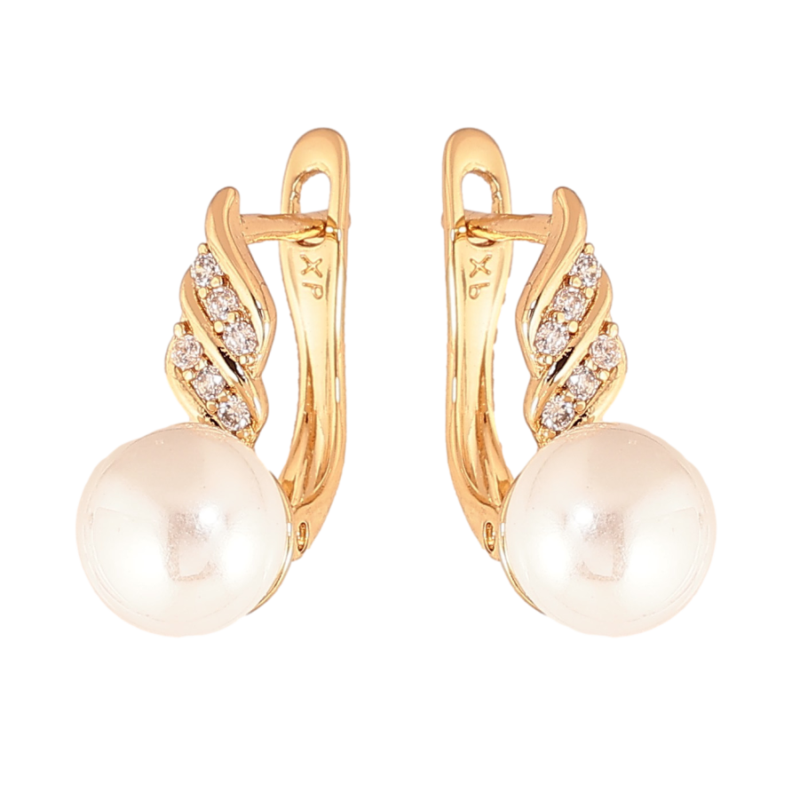 Серьги Xuping цвет Позолота 18К английский замок "Узор с кристаллами и жемчугом" фото №1