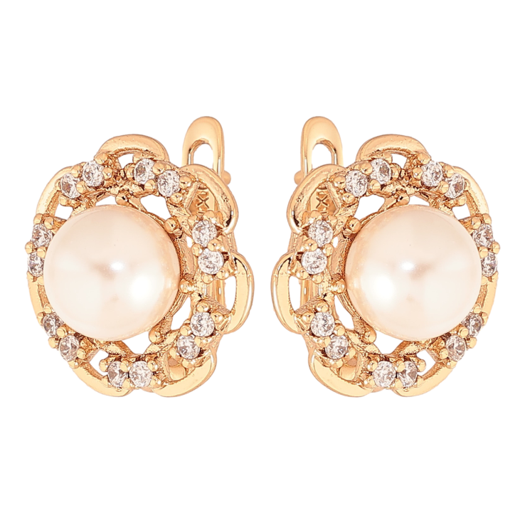 Серьги Xuping цвет Позолота 18К английский замок "Узор с кристаллами и жемчугом" фото №18