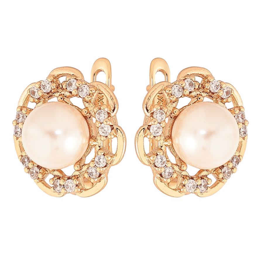 Серьги Xuping цвет Позолота 18К английский замок "Узор с кристаллами и жемчугом" фото №1