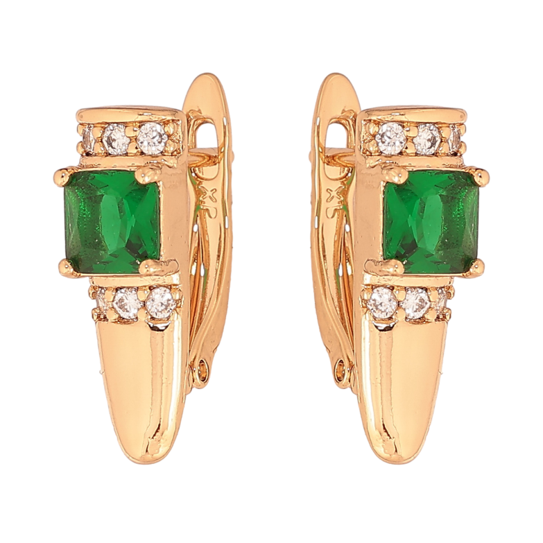 Серьги Xuping цвет Позолота 18K английский замок "Узор с зелеными кристаллами" фото №1