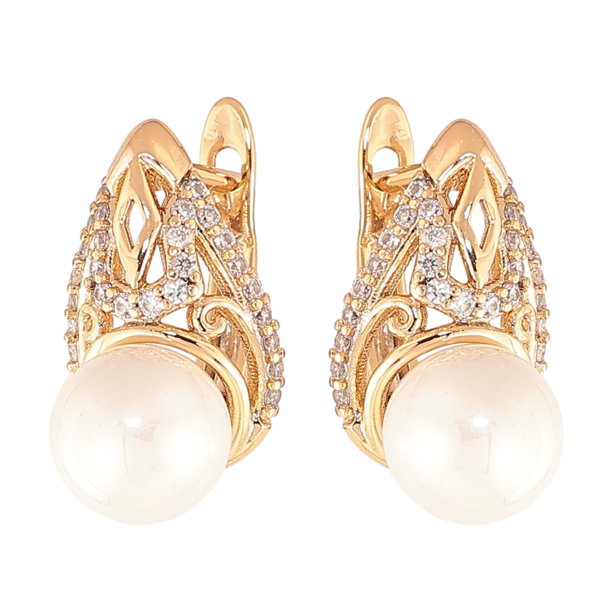 Серьги Xuping цвет Позолота 18K английский замок "Узор с кристаллами и жемчужинами" фото №1