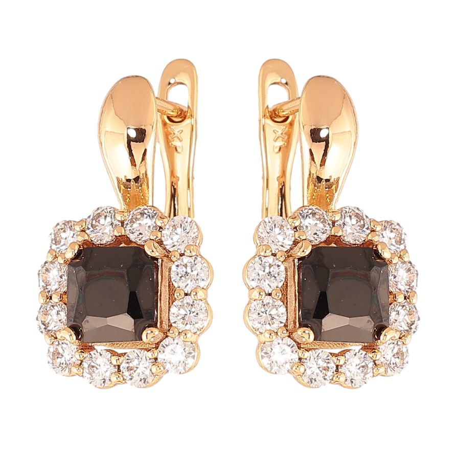 Серьги Xuping цвет Позолота 18K английский замок "Черные кристаллы в обрамлении" фото №1