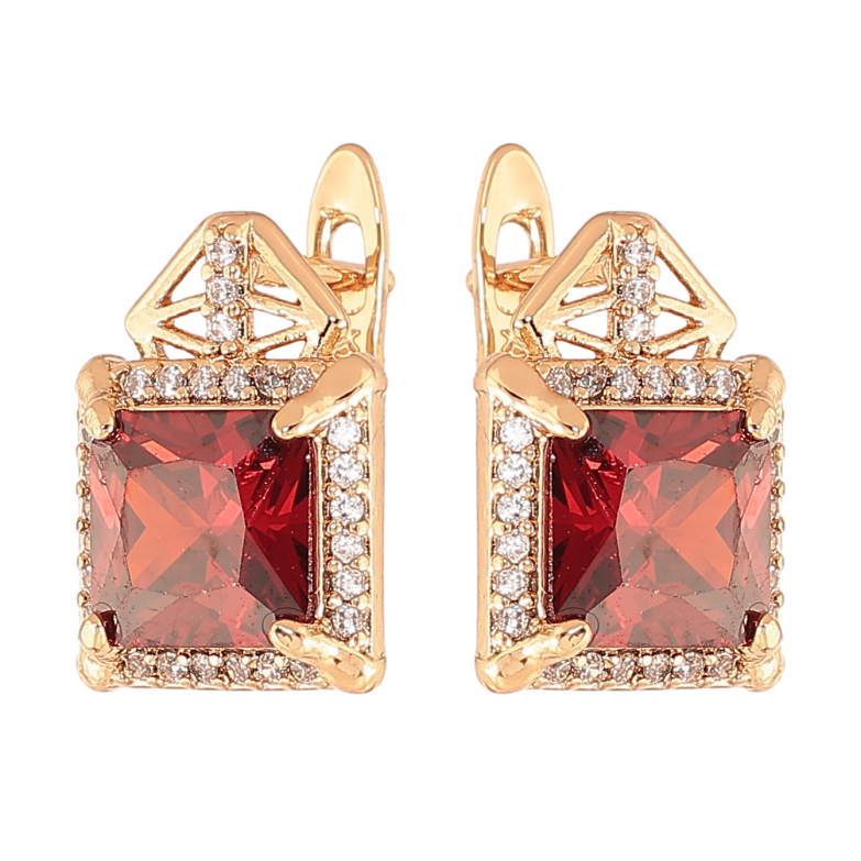 Серьги Xuping цвет Позолота 18K английский замок "Узор с красными кристаллами" фото №1