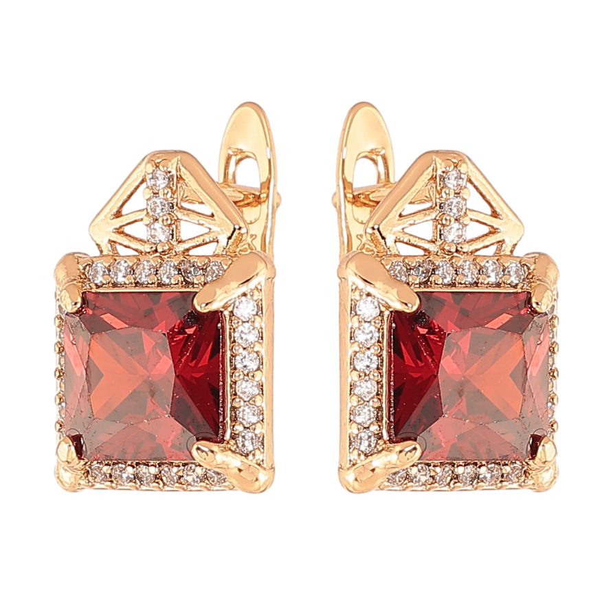 Серьги Xuping цвет Позолота 18K английский замок "Узор с красными кристаллами" фото №1